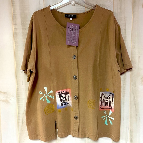 Vintage Tops - Vintage NWT Fenini Brown Cotton Hand Painted Short Sleeve Button Down Shirt Sz L
